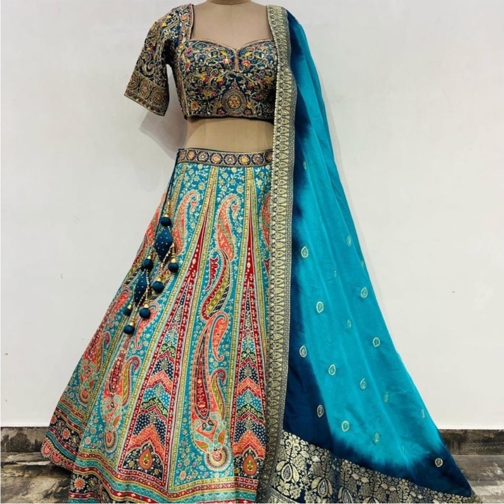 Embroidered mirror and crystal work Multicolor lehenga with Blue silk Dupatta